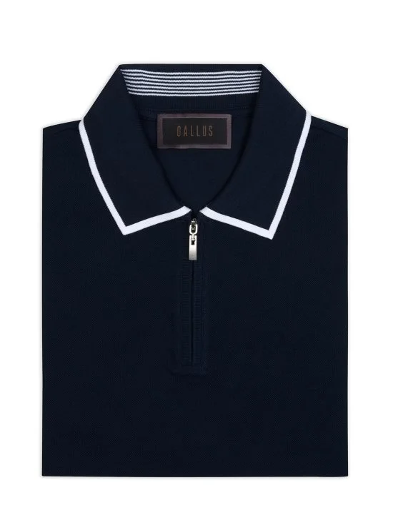 Gallus Navy Blue Zippered Polo Collar Pique Mercerized Regular Fit T-Shirt - Gallus