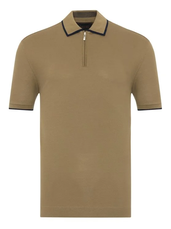 Gallus Olive Green Zippered Polo Collar Pique Mercerized Regular Fit T-Shirt - Gallus