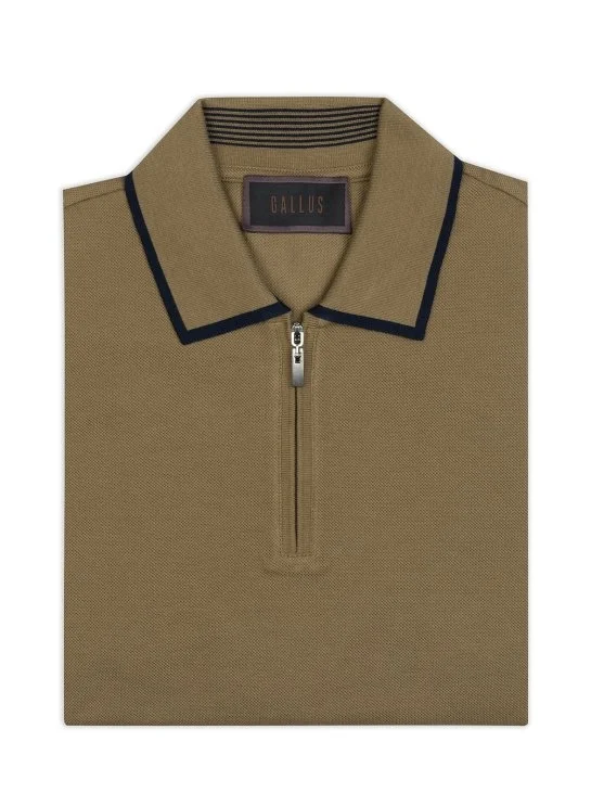 Gallus Olive Green Zippered Polo Collar Pique Mercerized Regular Fit T-Shirt - Gallus
