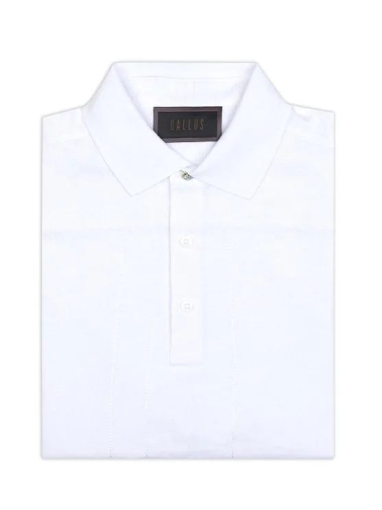 Gallus White Polo Neck Patterned Regular Fit Cotton Linen T-Shirt - Gallus