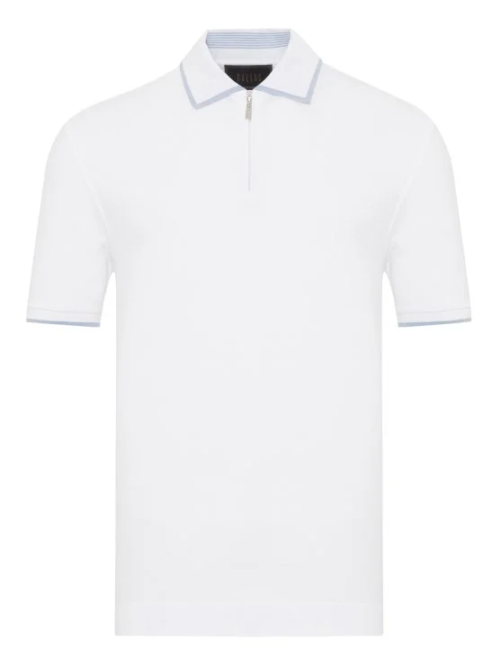 Gallus White Zippered Polo Collar Pique Mercerized Regular Fit T-Shirt - Gallus