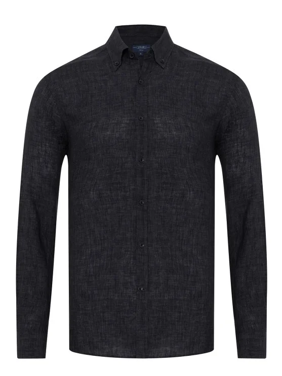 Germirli Albini Anthracite Button-down Collar Tailor Fit Delave Linen Shirt - Germirli 