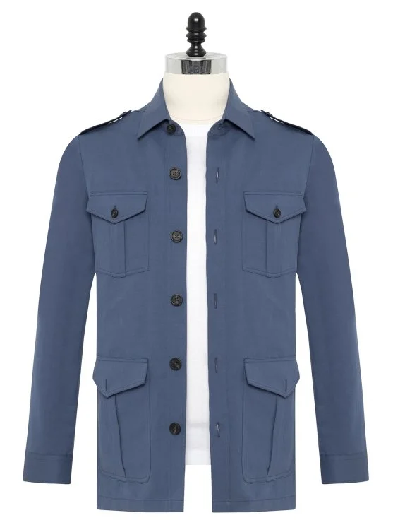 Germirli Albini Aviator Blue Utility Flap Pocket Cotton Linen Safari Jacket Shirt - Germirli 