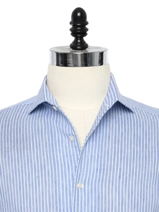 Germirli Albini Blue White Striped Nevapas Lapel Collar Linen Shirt - Germirli 