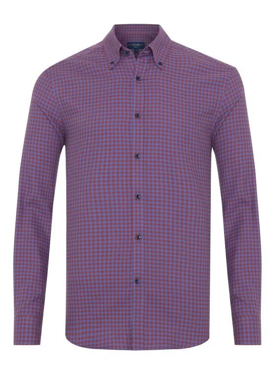Germirli Albini Claret Blue Potikare Flannel Button-down Collar Tailor Fit Cotton Shirt - Germirli 