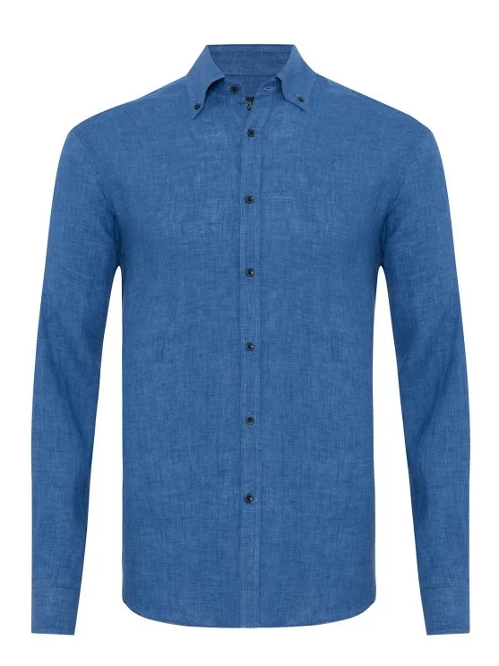 Germirli Albini Cobalt Blue Button-down Collar Tailor Fit Pure Linen Shirt - Germirli 