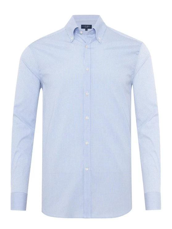 Germirli Albini Exclusive Blue Gingham Piumino 120 Tailor Fit Cotton Shirt - Germirli 