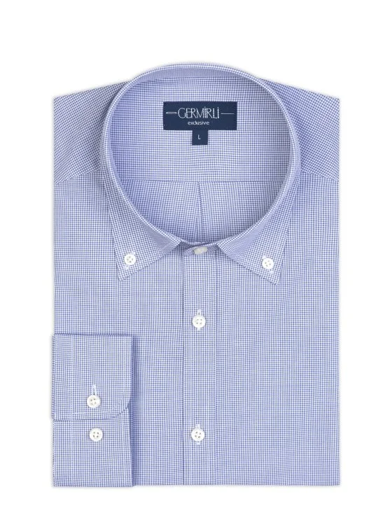 Germirli Albini Exclusive Navy Blue Gingham Patterned Button-down Collar Tailor Fit Cotton Shirt - Germirli 