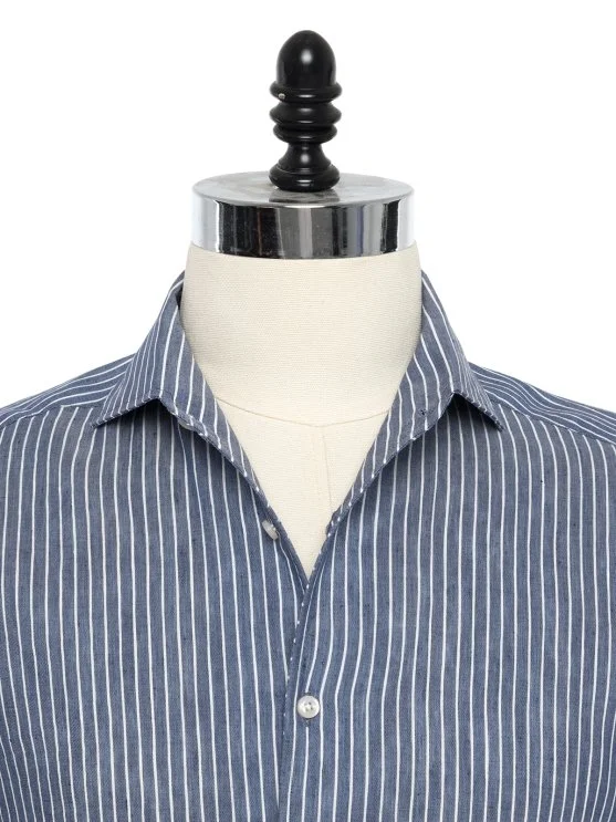 Germirli Albini Indigo White Striped Nevapas Lapel Collar Linen Lyocell Shirt - Germirli 