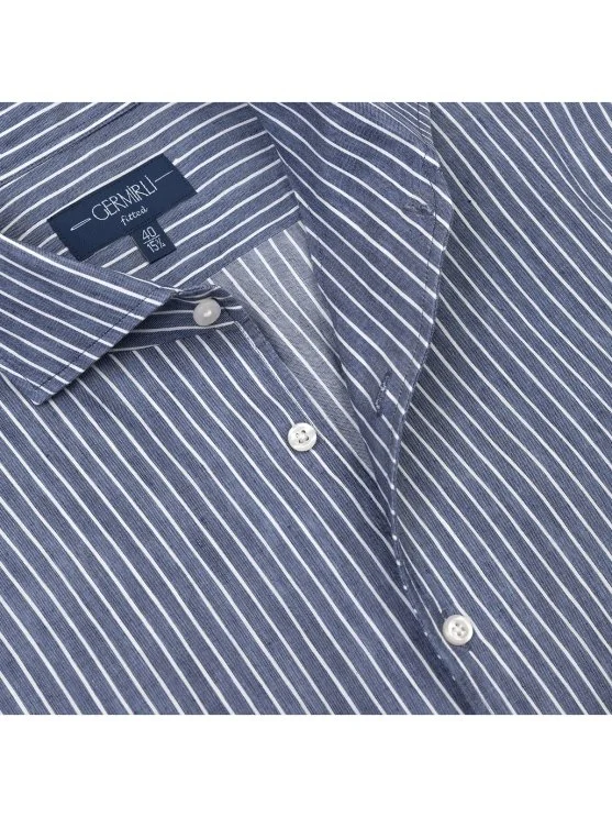 Germirli Albini Indigo White Striped Nevapas Lapel Collar Linen Lyocell Shirt - Germirli 
