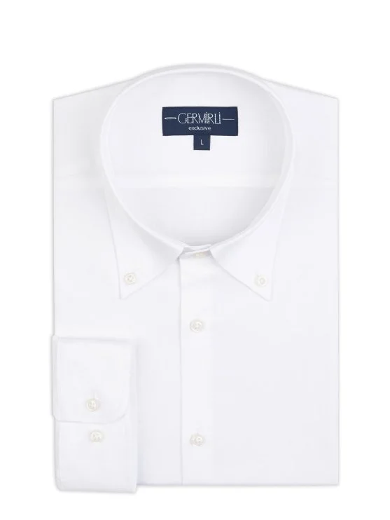 Germirli Albini Natural Germirli Exclusive White Oxford Tailor Fit Button-Down Collar Organic Cotton Shirt - Germirli 
