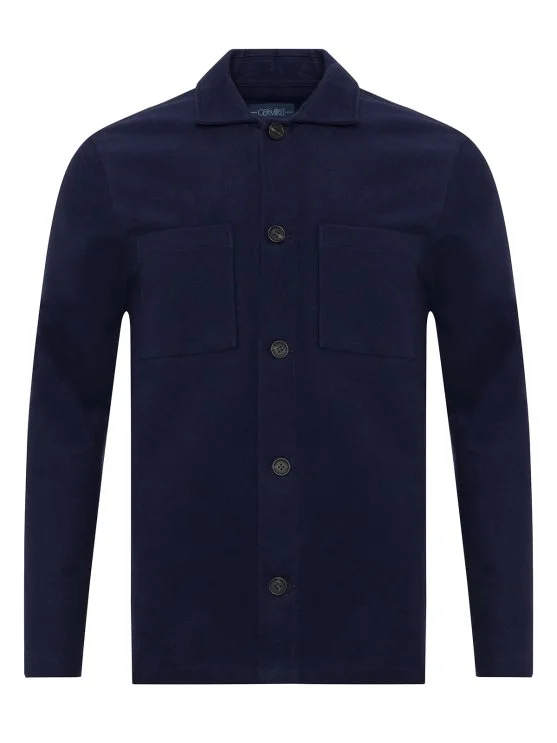 Germirli Albini Navy Blue Camel Colored Double Layer Pocket Cotton Jacket Shirt - Germirli 