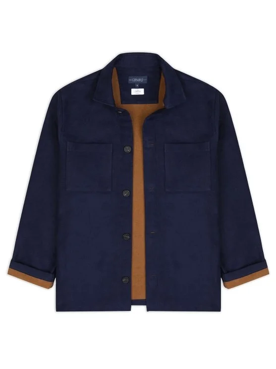 Germirli Albini Navy Blue Camel Colored Double Layer Pocket Cotton Jacket Shirt - Germirli 