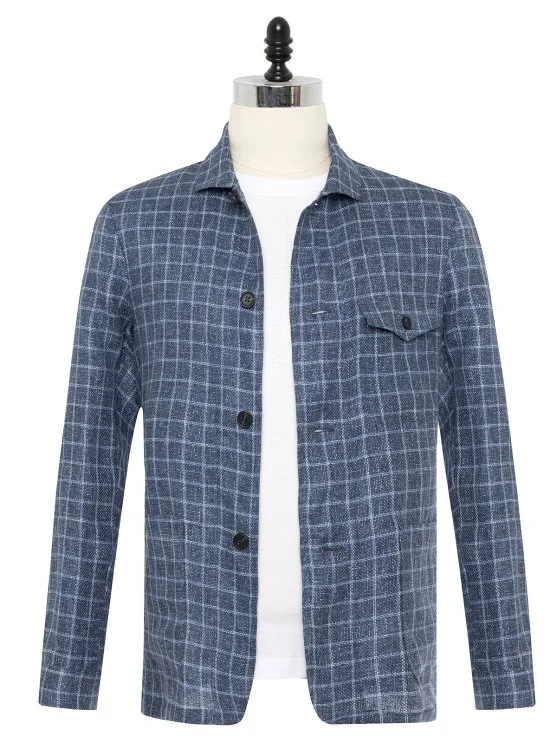 Germirli Albini Navy Blue Checkered Beyoğlu Linen Jacket Shirt - Germirli 