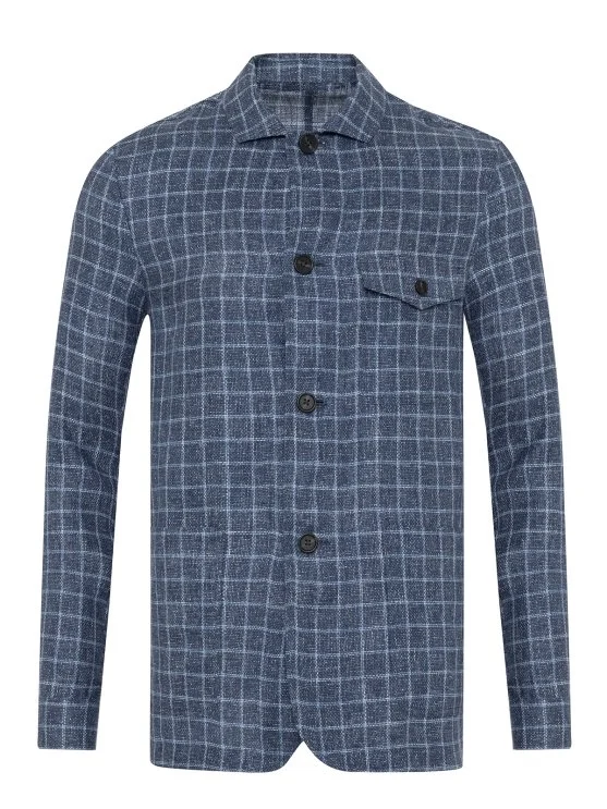 Germirli Albini Navy Blue Checkered Beyoğlu Linen Jacket Shirt - Germirli 