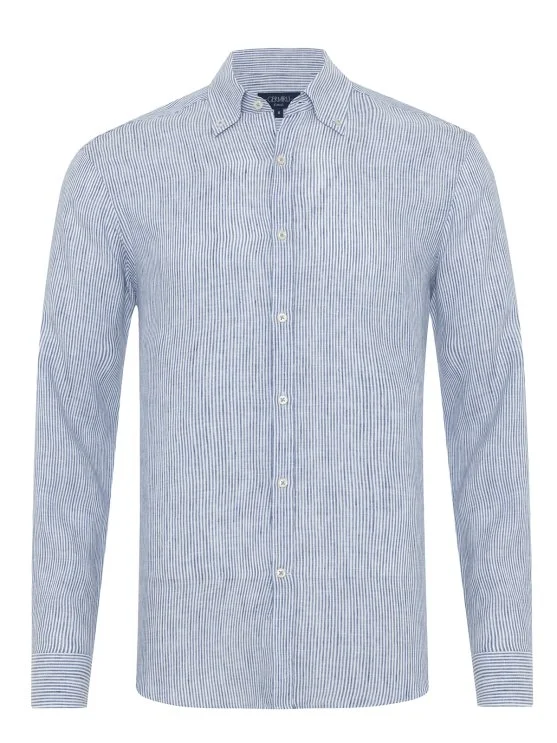 Germirli Albini Navy Blue White Striped Button-down Collar Pure Linen Shirt - Germirli 