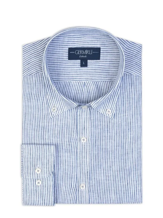 Germirli Albini Navy Blue White Striped Button-down Collar Pure Linen Shirt - Germirli 