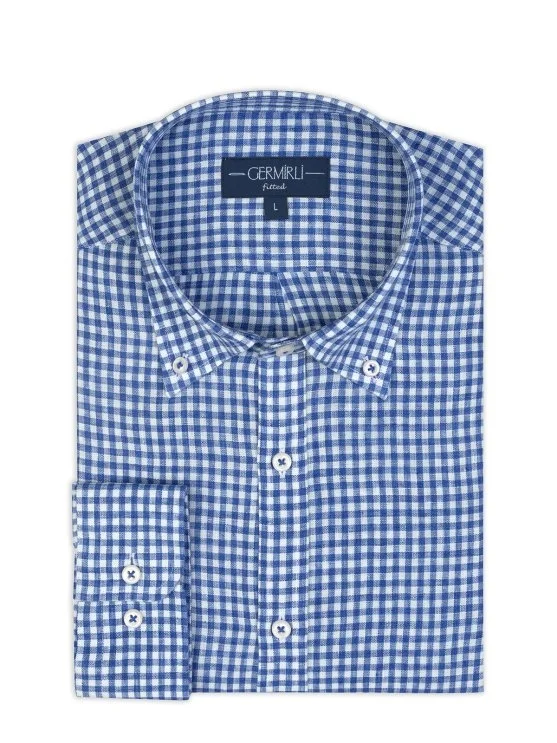 Germirli Albini Navy Blue White Gingham Button-down Collar Tailor Fit Delave Linen Shirt - Germirli 