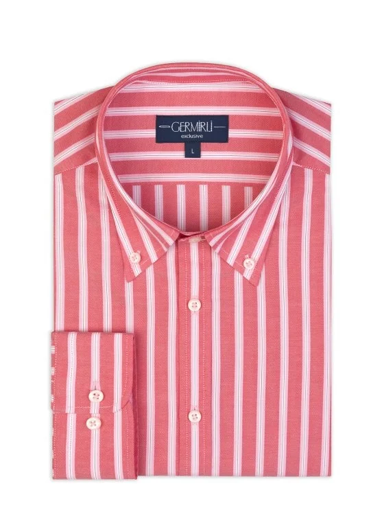 Germirli Albini Red Pink Striped Button-down Collar Cotton Exclusive Shirt - Germirli 