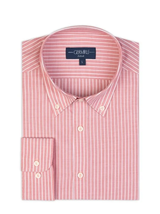 Germirli Albini Salmon Color Striped Button-down Collar Tailor Fit Cotton Shirt - Germirli 