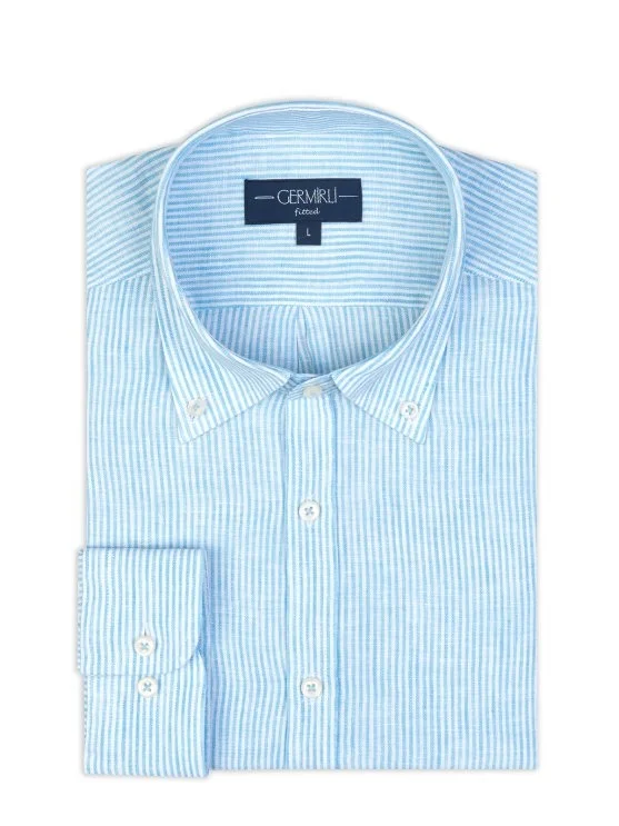 Germirli Albini Turquoise White Striped Button-down Collar Pure Linen Shirt - Germirli 