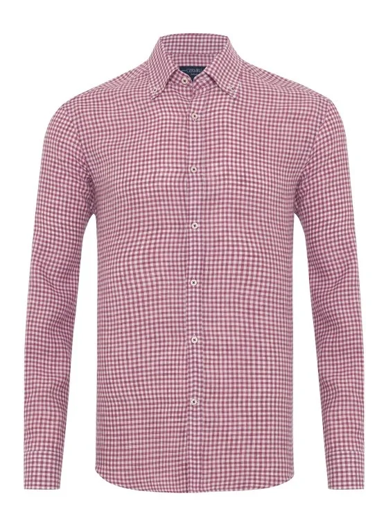 Germirli Albini Cherry White Gingham Button-down Collar Tailor Fit Delave Linen Shirt - Germirli 