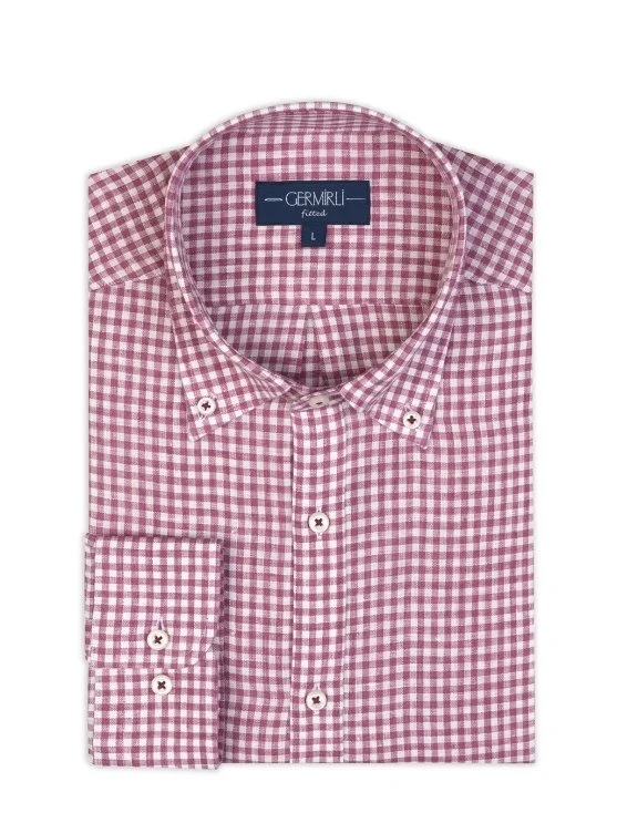 Germirli Albini Cherry White Gingham Button-down Collar Tailor Fit Delave Linen Shirt - Germirli 