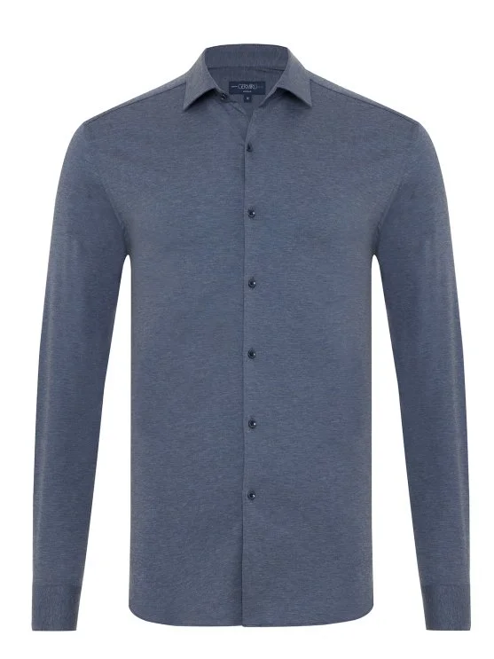 Germirli Aviator Blue Melange Albini Active 4Flex Soft Collar Slim Fit Shirt - Germirli 