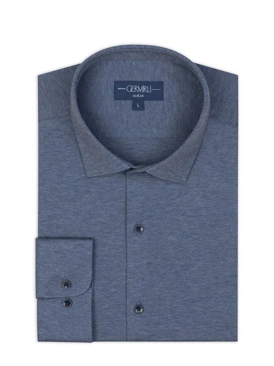 Germirli Aviator Blue Melange Albini Active 4Flex Soft Collar Slim Fit Shirt - Germirli 