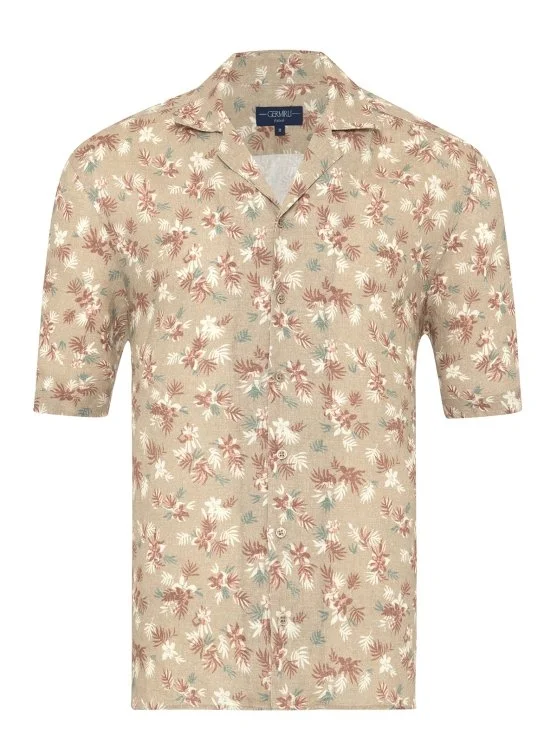 Beige Albiate Tropical Floral Patterned Hawaiian Collar Short Sleeve Linen Shirt with Germirli Pattern - Germirli 