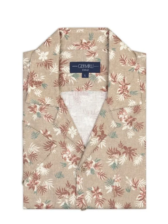 Beige Albiate Tropical Floral Patterned Hawaiian Collar Short Sleeve Linen Shirt with Germirli Pattern - Germirli 