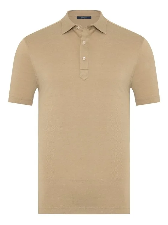 Beige Piquet Shirt Collar Regular Fit Mercerized Cotton Tencel T-Shirt with Germirli - Germirli 