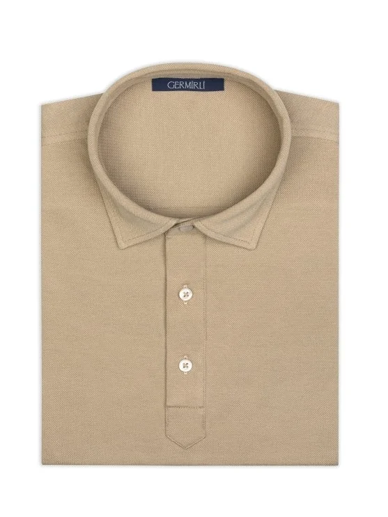 Beige Piquet Shirt Collar Regular Fit Mercerized Cotton Tencel T-Shirt with Germirli - Germirli 