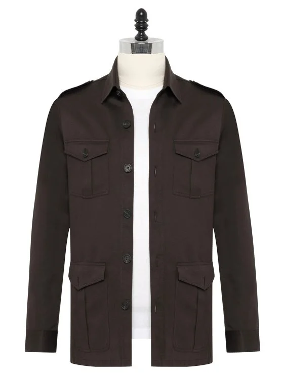 Germirli Bitter Coffee Utility Flap Pocket Cotton Linen Safari Jacket Shirt - Germirli 