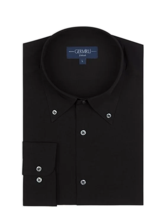 Black Button-Down Collar Tailor Fit Men's Tencel Shirt with Germirli - Germirli 