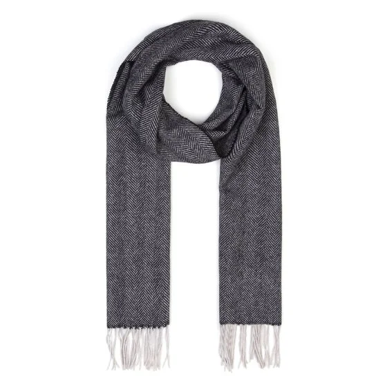 Germirli Black Grey Herringbone Wool Scarf - Germirli 