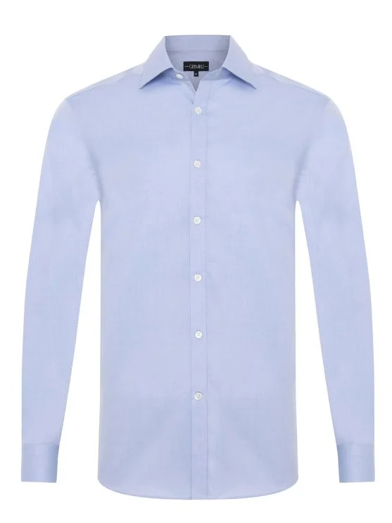 Germirli Black Label Blue Twill Texture Tailor Fit Classic Collar Thomas Mason Sea Island Cotton Shirt - Germirli 