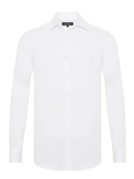 Germirli Black Label White Twill Texture Tailor Fit Classic Collar Thomas Mason Sea Island Cotton Shirt - Germirli 