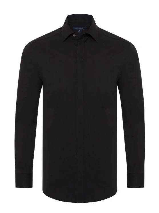 Germirli Black Poplin Classic Collar Tailor Fit Hidden Placket Cotton Elastane Shirt - Germirli 