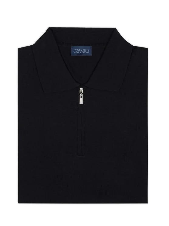 Germirli Black Zippered Polo Collar Cotton Silk Regular Fit Sweater - Germirli 