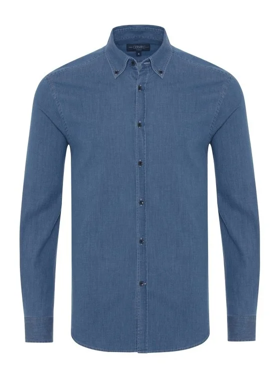 Germirli Blue Button-down Collar Tailor Fit Denim Men's Shirt - Germirli 