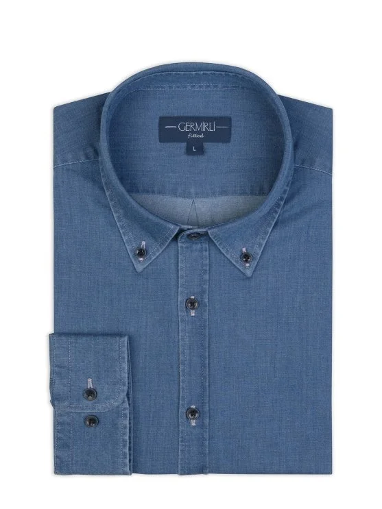 Germirli Blue Button-down Collar Tailor Fit Denim Men's Shirt - Germirli 