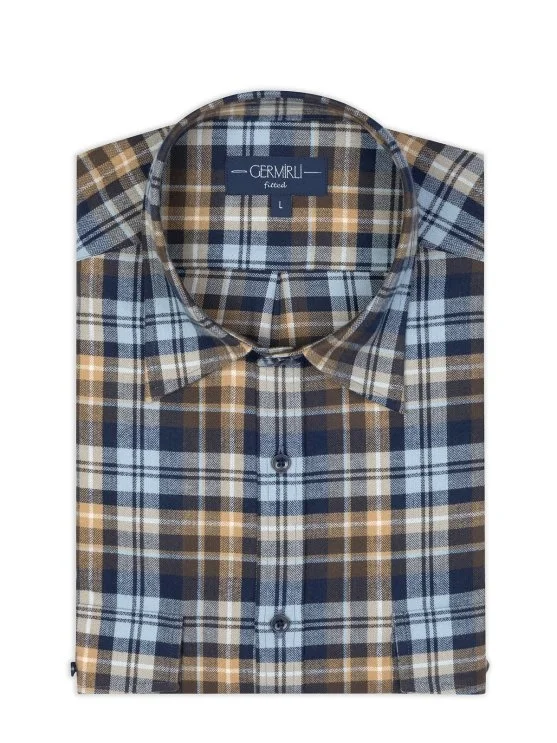 Germirli Blue Coffee Soft Collar Flannel Plaid Tailor Fit Albiate Cotton Lumberjack Shirt - Germirli 