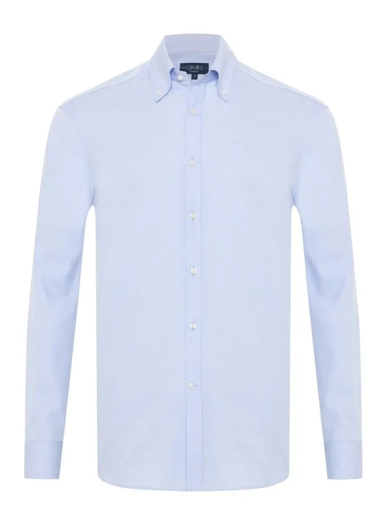 Germirli Blue Exclusive Herringbone Texture Button-down Collar Tailor Fit Cotton Shirt - Germirli 