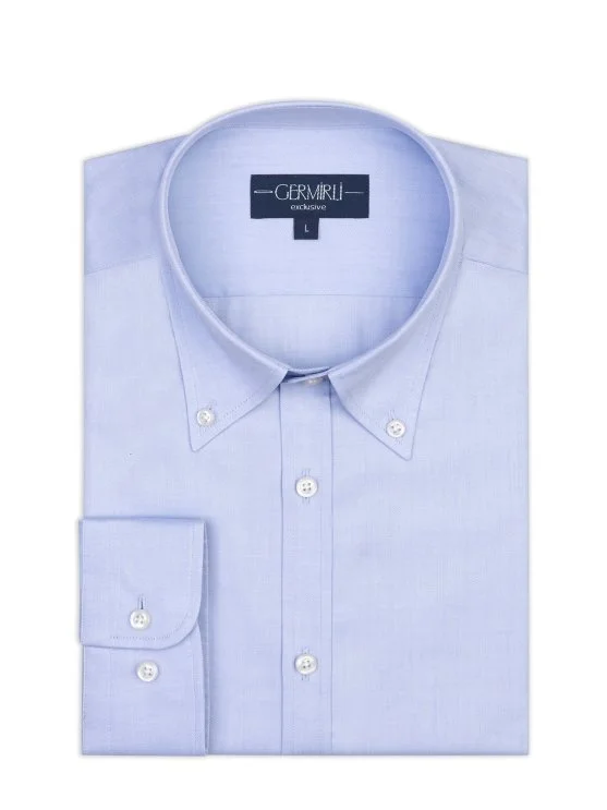 Germirli Blue Exclusive Herringbone Texture Button-down Collar Tailor Fit Cotton Shirt - Germirli 