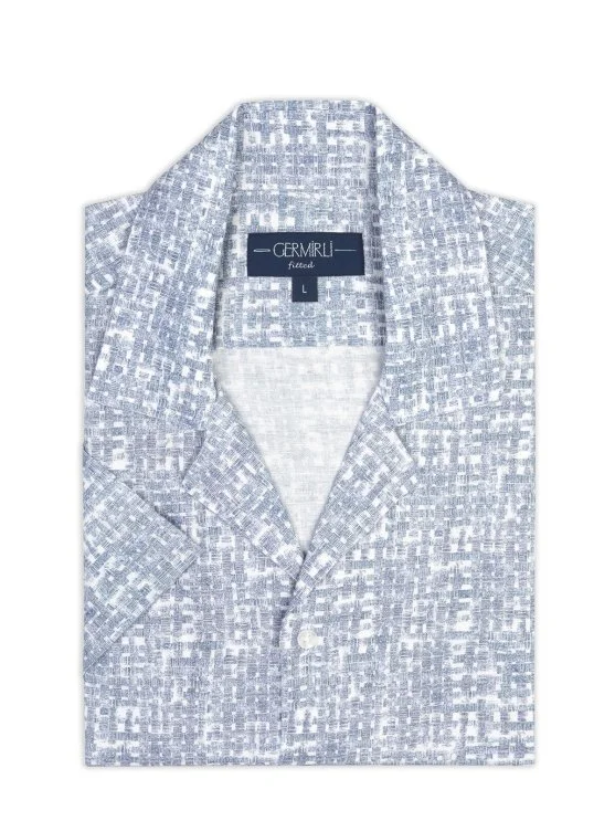 Germirli Blue Geometric Patterned Tailor Fit Hawaiian Collar Summer Cotton Linen Shirt - Germirli 