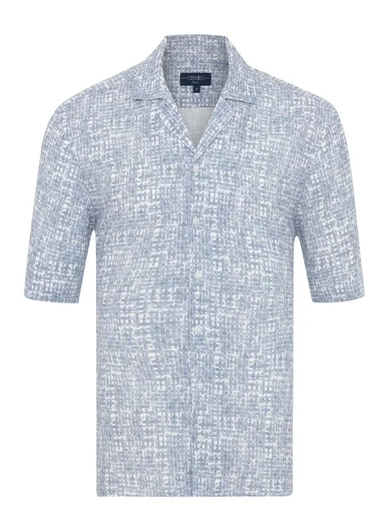 Germirli Blue Geometric Patterned Tailor Fit Hawaiian Collar Summer Cotton Linen Shirt - Germirli 