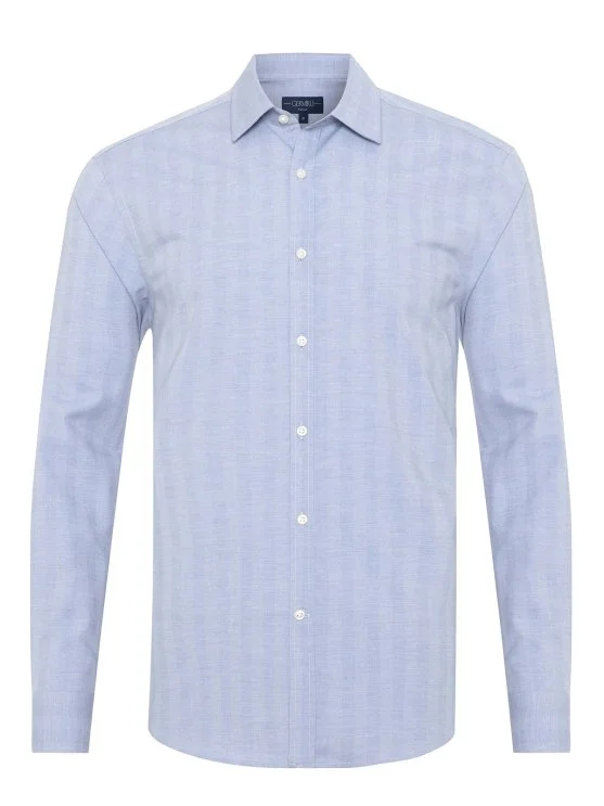 Germirli Blue Herringbone Patterned Striped Soft Collar Tailor Fit Cotton Shirt - Germirli 