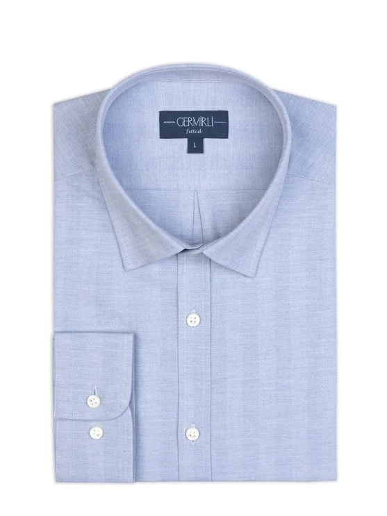 Germirli Blue Herringbone Patterned Striped Soft Collar Tailor Fit Cotton Shirt - Germirli 