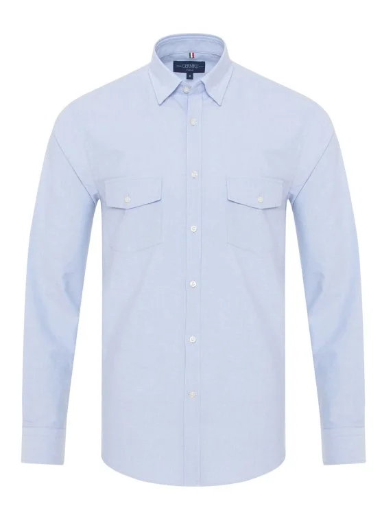Germirli Sky Blue Hidden Button Collar Flap Pocket Tailor Fit Sport Oxford Men's Shirt - Germirli 